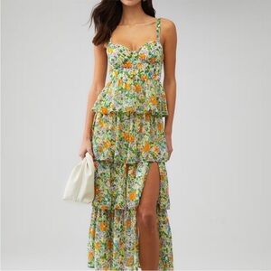 Midsummer Floral Tiered Maxi Dress - Green orange multi / L (ASTR the label)